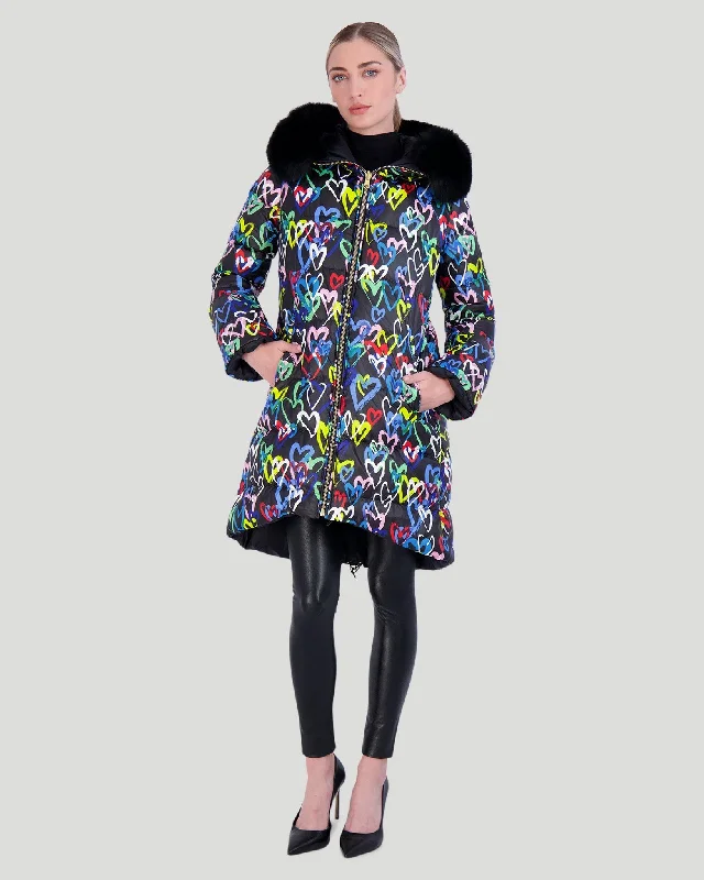 Apres-Ski Reversible Parka with Detachable Fox Hood Trim Hooded Puffy Parka Coat