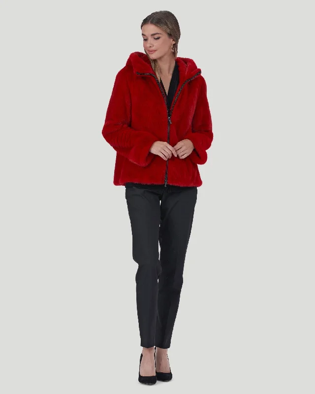 Mink Zip Parka with Grooving Detail On Sleeve and Inside Hood Warm Thick Hooded Parka Mink Zip Parka with Grooving Detail On Sleeve and Inside Hood Warm Thick Hooded Parka