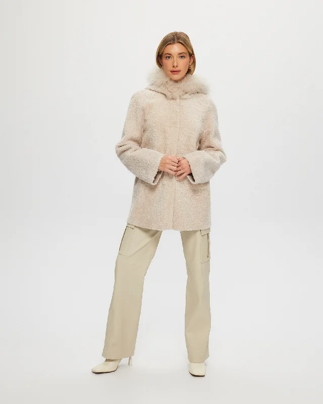 Reversible Shearling Lamb Parka with Select Cashmere Goat Hood Trim Waterproof Quilted Parka Jacket