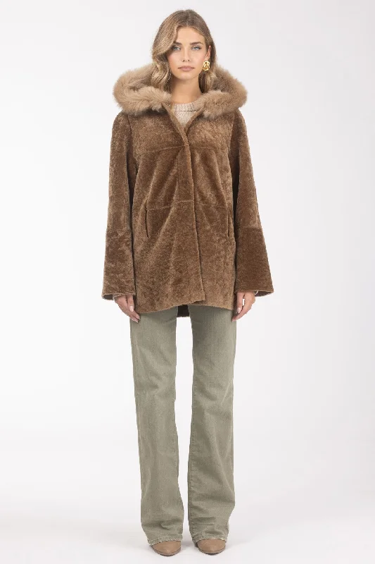 Reversible Textured Shearling Lamb Parka with Merinillo Shearling Lamb Hood Trim Warm Fur-Trimmed Parka