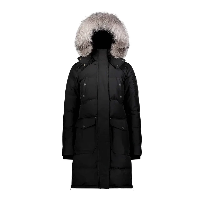 Moose Knuckles Womens Causapscal Parka in Black/ Frost Fur Stylish Hooded Parka Jacket