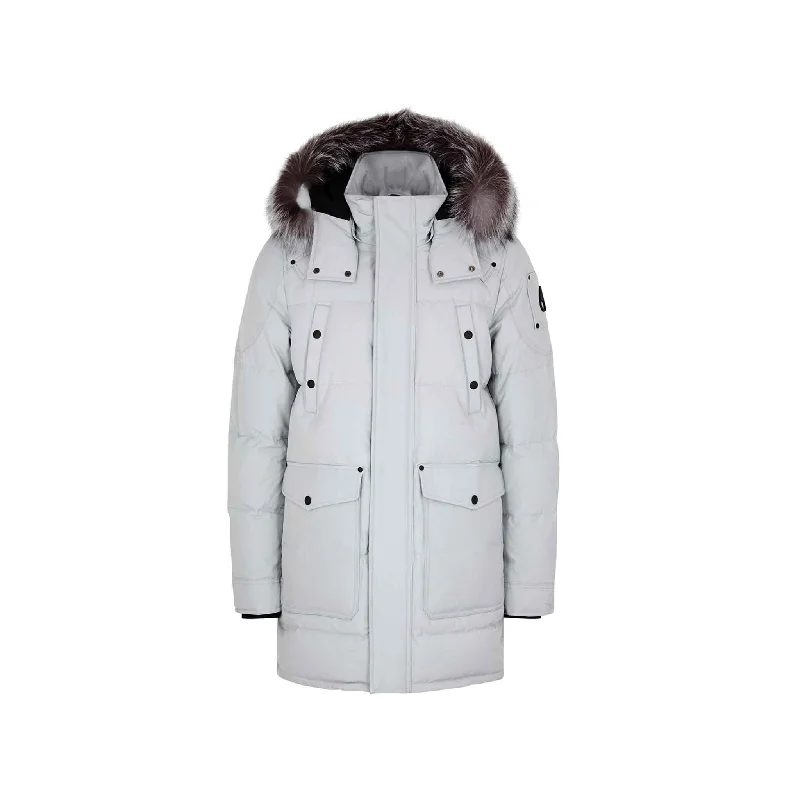 Moose Knuckles Womens Causapscal Parka in Grey Birch/ Frost Fur Cozy Faux Fur Parka