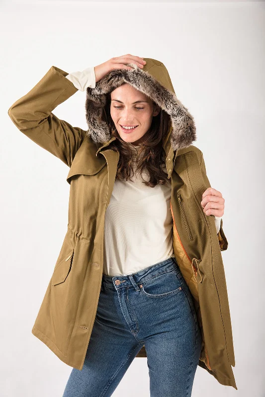 Fairweather Parka in Sand - Faux Windproof Hooded Parka Jacket