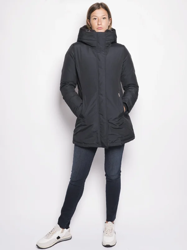 Parka con Pelliccia Rimovibile Blu High-Neck Zipper Parka Coat