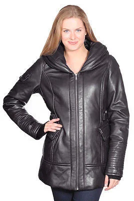 WOMEN'S MID-LENGTH PARKA BUTTER SOFT LAMB LEATHER WITH FOUR POCKETS Quilted Insulated Parka Coat