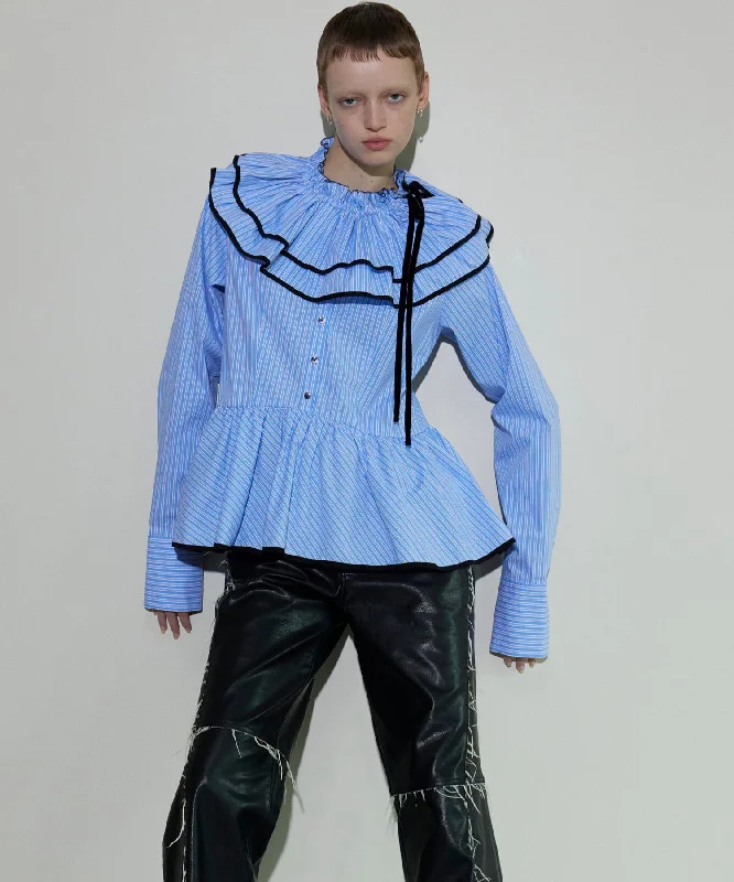 Edge Trim Ruffle Shirt Ribbed Striped Patterned
