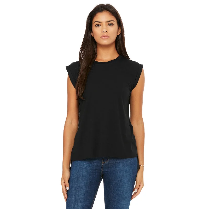 Bella + Canvas Women's Black Flowy T-Shirt with Rolled Cuff Satin Blend Silk Blend Wool Blend