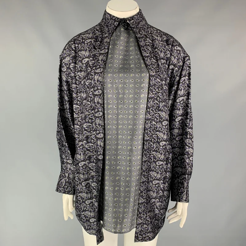 ALEXANDER WANG Size 10 Navy & Grey Paisley Silk Layered Shirt Silk Blend Satin Velvet