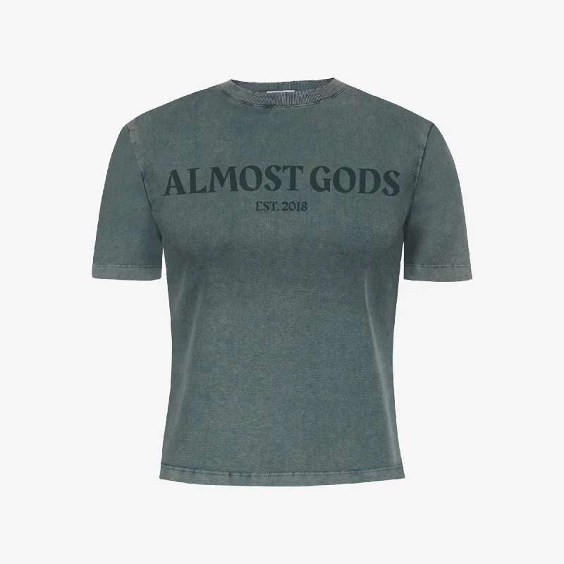 ALMOST GODS | WMN'S STONEWASHED ALMOST GODS TEE IN GRANITE { GREY/CBLACK Asymmetrical Pockets Print