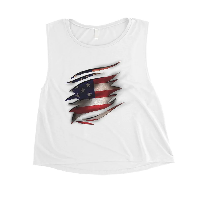 American Flag Ripped Womens Cute Crop Tank Top For 4th of July Gift baby blue tank