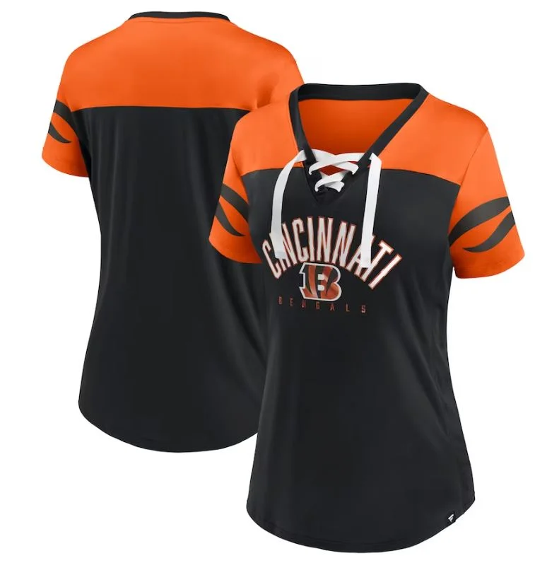 Cincinnati Bengals Black/Orange Blitz & Glam Lace-Up V-Neck Jersey T-Shirt Silk Blend Satin Velvet