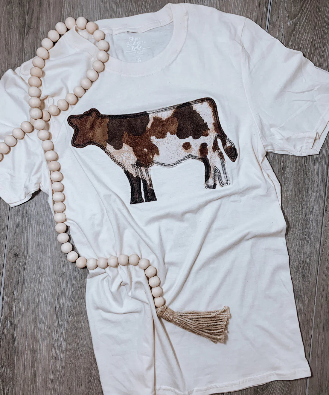 Cow Appliqued Tee Basic T-Shirt Crew Neck Short Sleeve