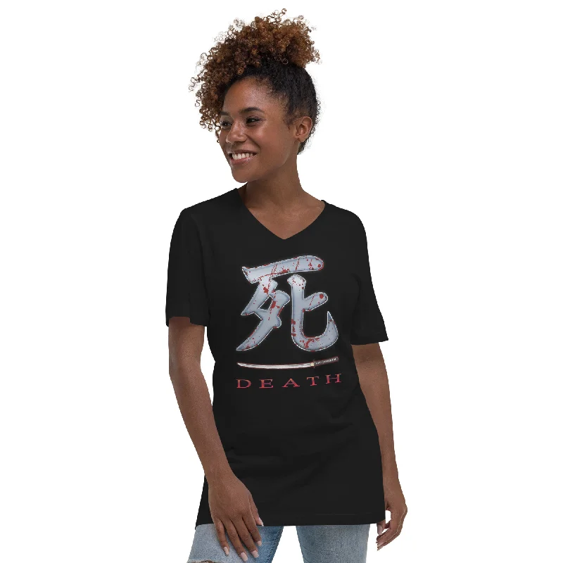 Death Japanese Kanji Bloody Samurai Sword Short Sleeve V-Neck T-Shirt Oversized T-Shirt Spandex breathable