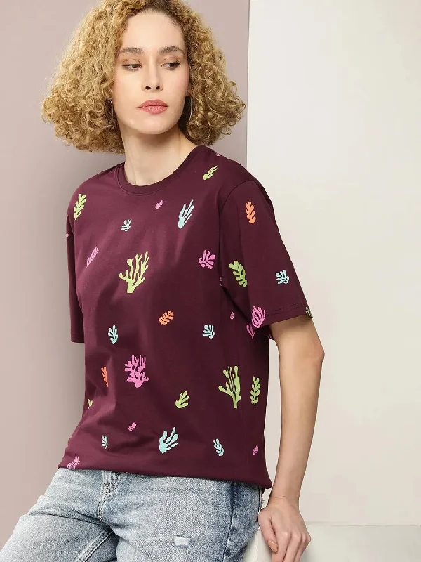 Dillinger Maroon Graphic Oversized T-Shirt-WMNCR391WINE-XS Plaid T-Shirt Polka Dot Checkered