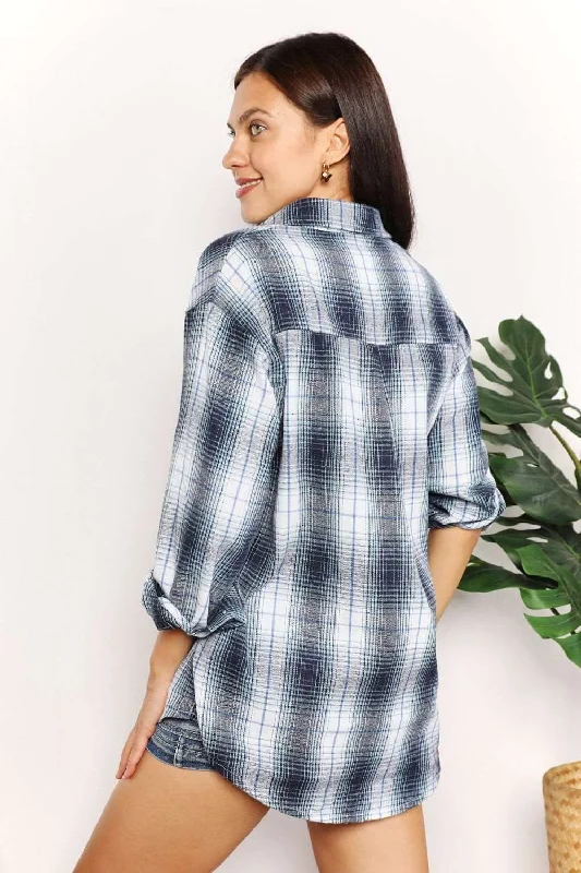 Double Take Plaid Dropped Shoulder Shirt Graphic T-Shirt Round Neck Polyester