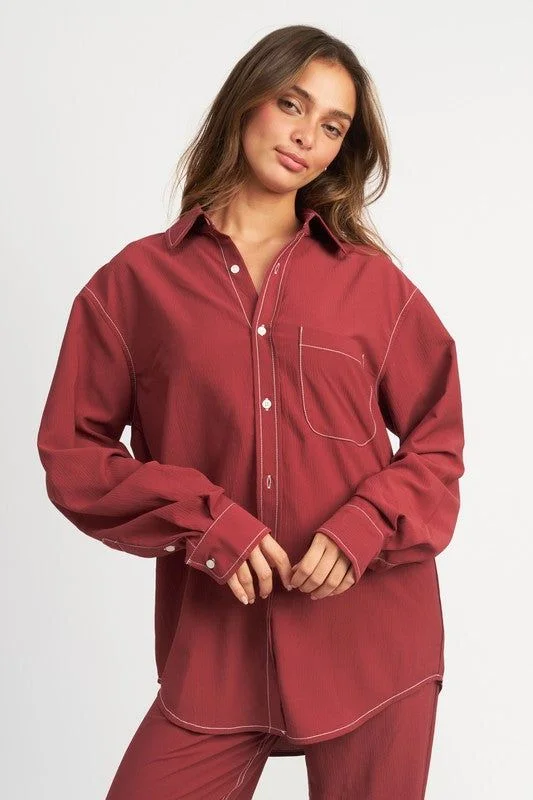 Emory Park Contrasted Stitch Button Down Shirt Satin Fabric Silk Fabric Chiffon Fabric