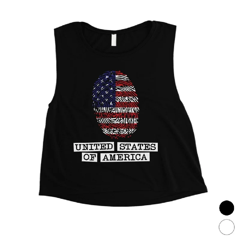 Fingerprint USA Flag Womens Crop Tee Cute 4th of July Outfit Gift V-Neck T-Shirt Long Sleeve Cotton