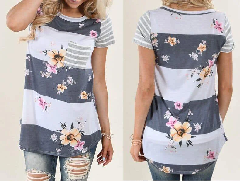 Grey Stripe Floral Tee Collared T-Shirt Boat Neck A-Line