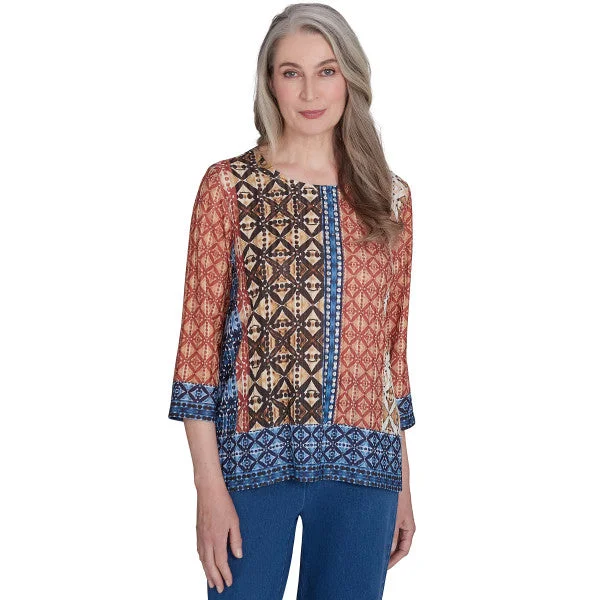 Harvest Moon Batik Texture Border Knit Shirt Petite Size Iron Safe Non-Iron Wrinkle Free