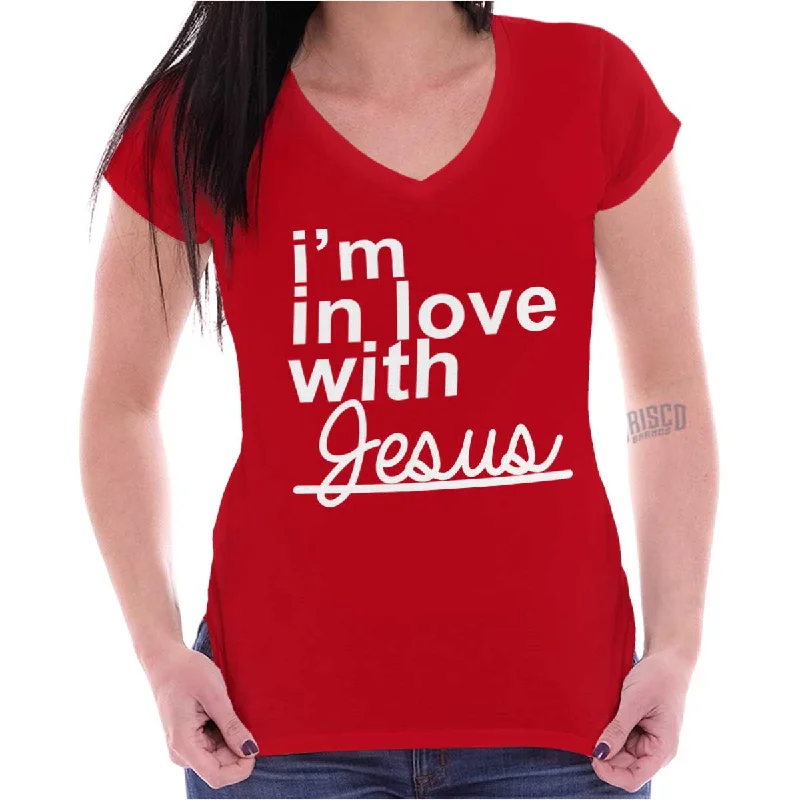 I'm In Love With Jesus Printed - Junior Fitted V-Neck T-Shirt Elegant Classic Vintage