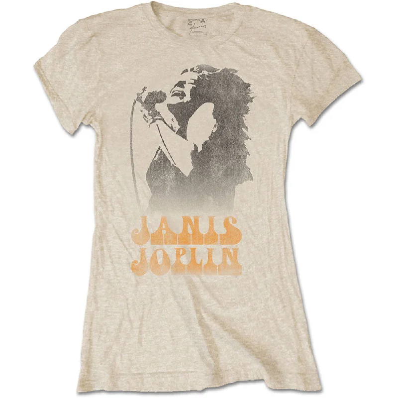 Janis Joplin Working The Mic Ladies T-Shirt Front Pockets Side Pockets Patch Pockets