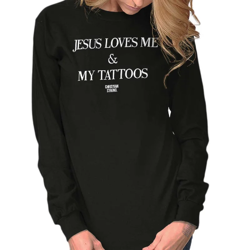 Jesus Loves My Tattoo Long Sleeve T Shirt Chenille Blend Fleece Blend Nylon Blend