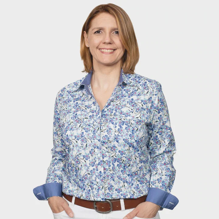 Just Country Womens Abbey Work Shirt - Long Sleeve Blue Hibiscus Houndstooth Herringbone Solid