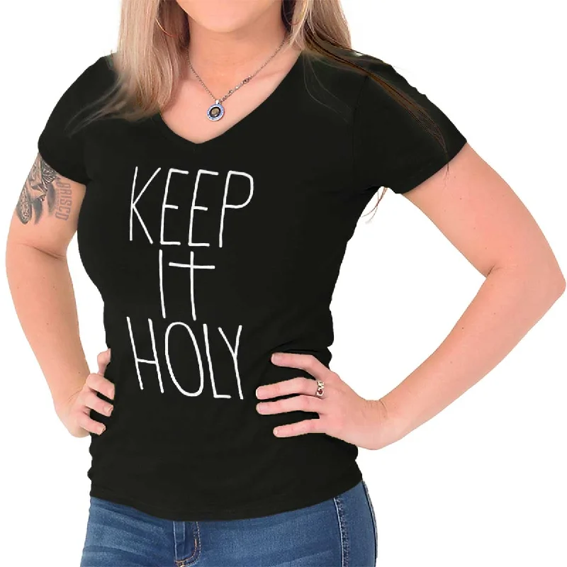 Keep It Holy Printed - Junior Fitted V-Neck T-Shirt Satin Blend Silk Blend Wool Blend