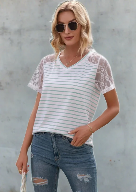 Lace Detail Striped V-Neck T-Shirt Terry Blend Velvet Blend Canvas Blend