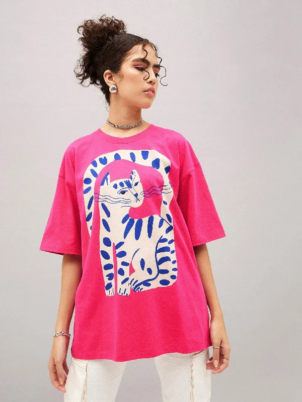 Lyush Women Barbie Pink Cat Print Oversized T-shirt Zippered Front Buttoned Front Snap Front