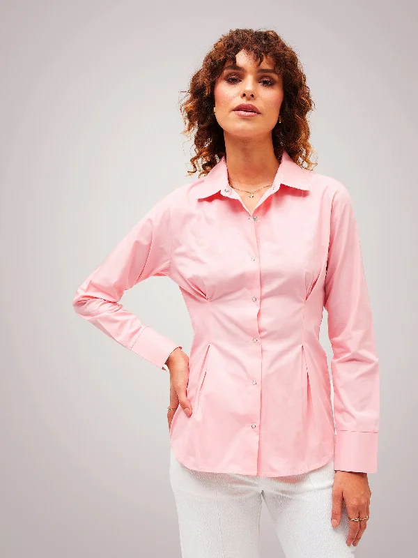 Lyush Women Pink Poplin Pleated Fold Slim Waist Shirt Zippered Front Buttoned Front Snap Front