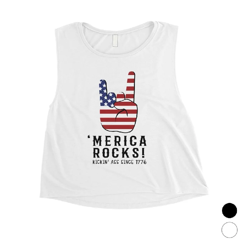 Merica Rocks Womens Cute Graphic Crop Tee For 4th Of July Outfit Lace Blend Ribbed Blend Corduroy Blend