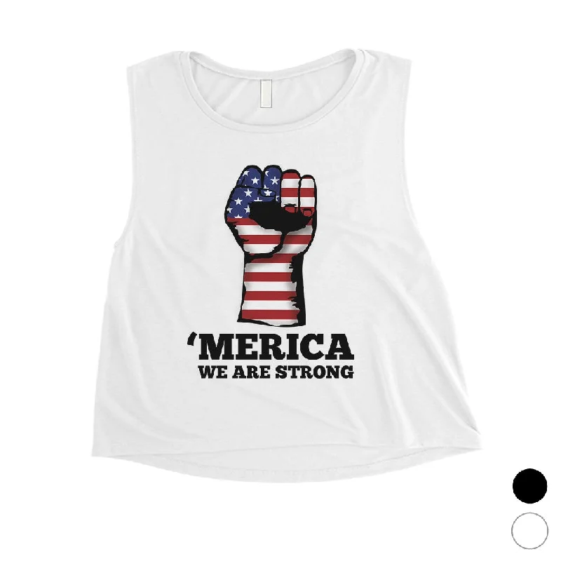 Merica We Strong Womens Workout Crop Tee Cute 4th Of July Outfits Striped Floral Plaid