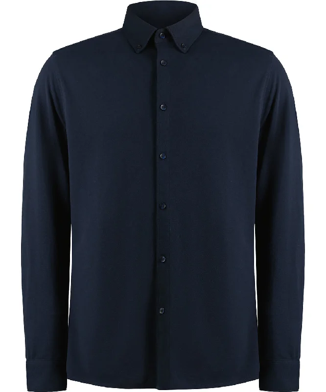 Navy - Long sleeve Superwash® 60° piqué shirt (tailored fit) Sequined Glittery Shiny