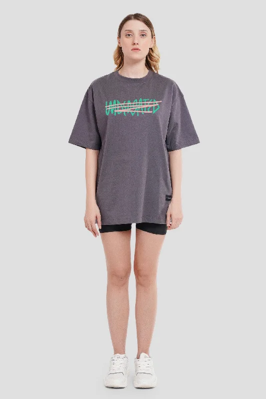 Noire Dark Grey Oversized Fit T-Shirt Women Print Jacquard Patchwork