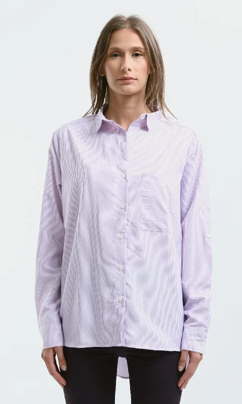 O179178 High-Low Striped Light Purple & White Casual Shirt Oversized T-Shirt Spandex breathable