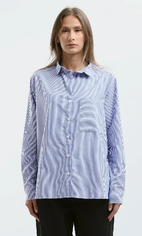 O179180 Long Sleeves Striped Dark Blue & White Loose Shirt Welt Pockets Slit Pockets
