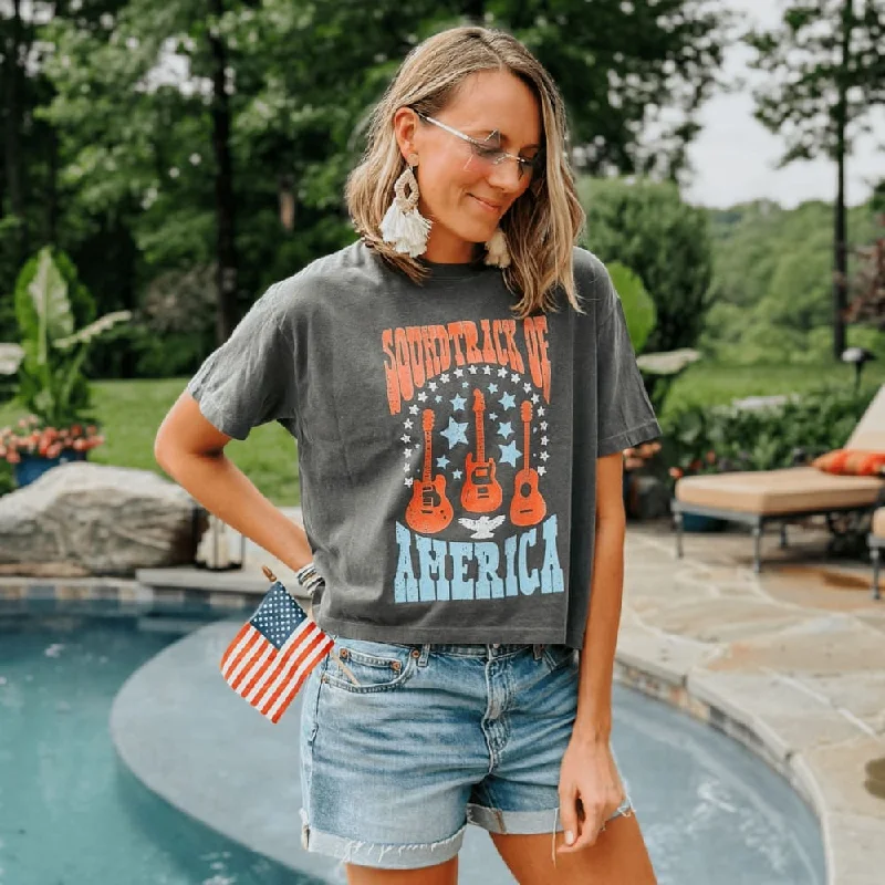 Soundtrack of America Cropped Tee V-Neck T-Shirt Long Sleeve Cotton