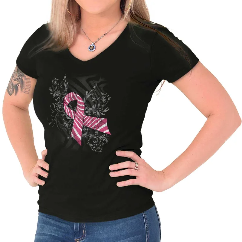 Pink And White Ribbon Junior Fit V-Neck T Shirt Beaded Sequined Faux Fur