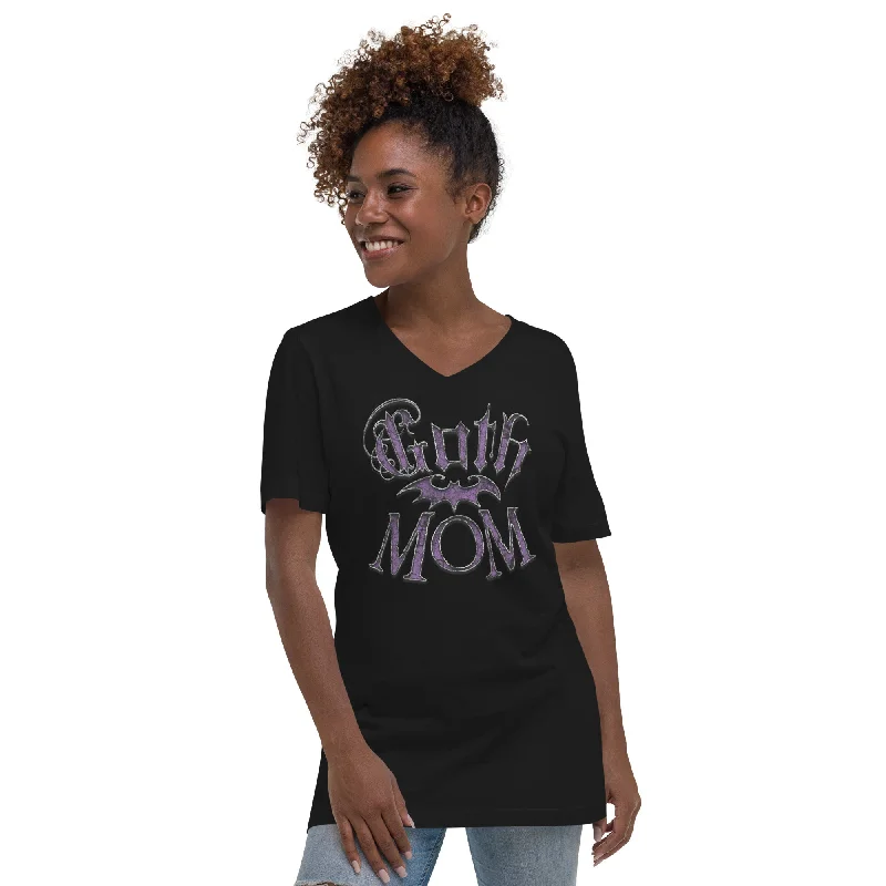 Purple Goth Mom with Bat Mother's Day Short Sleeve V-Neck T-Shirt Denim Fabric Leather Fabric Suede Fabric