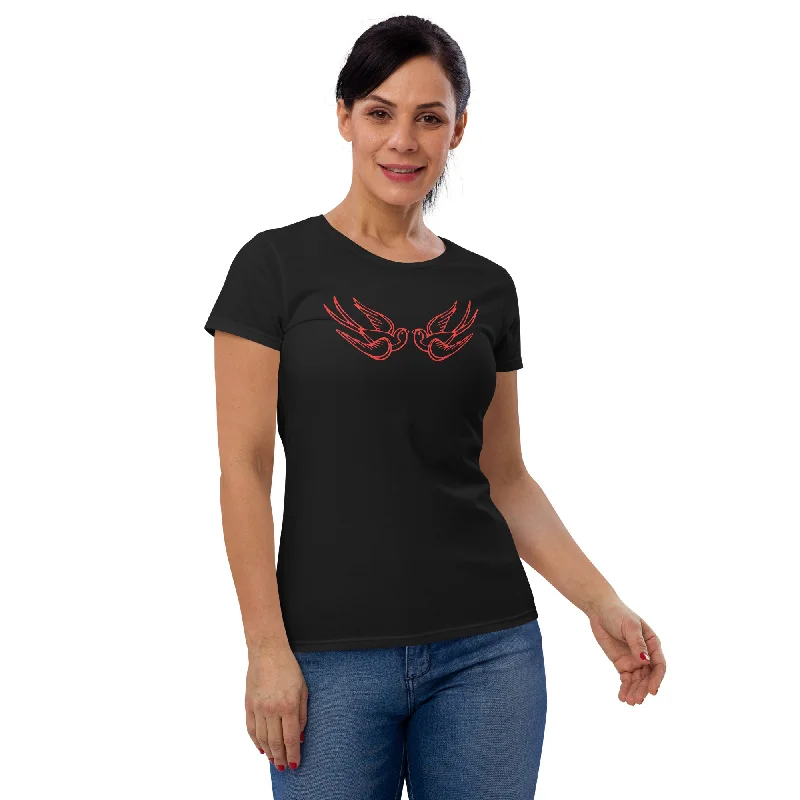 Red Falling Sparrows Tattoo Style Bird Women's Short Sleeve Babydoll T-shirt Jersey Fabric Tulle Fabric Batik Fabric