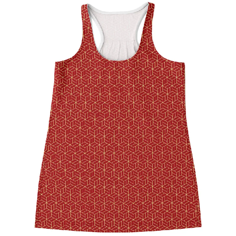 Red Geometric Japanese Pattern Print Women's Racerback Tank Top high neck tank