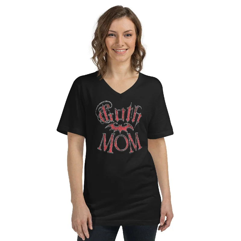 Red Goth Mom with Bat Mother's Day Short Sleeve V-Neck T-Shirt Hooded Caped Shawl Collar