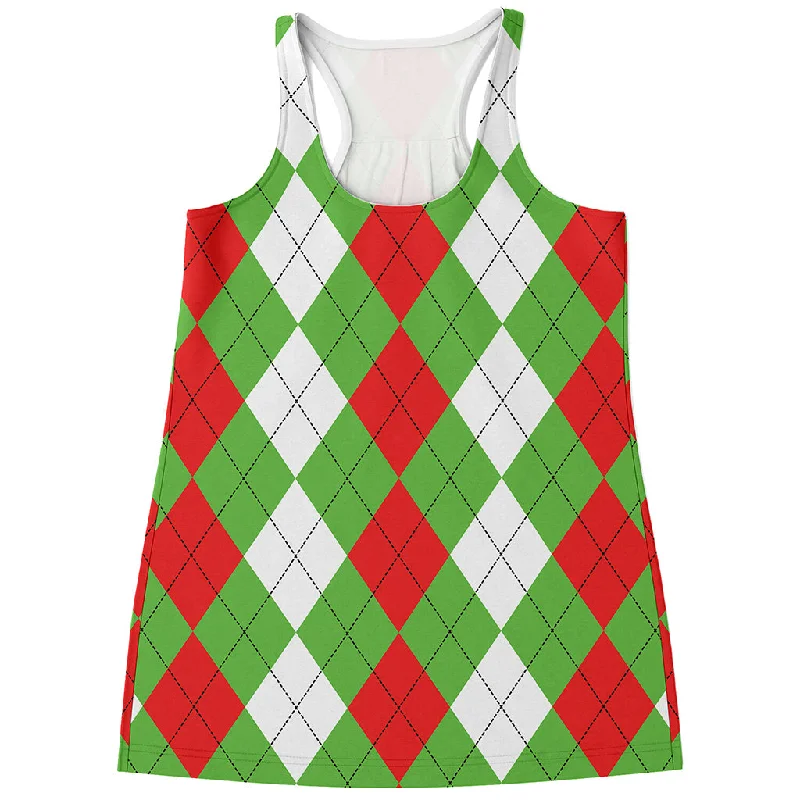 Red Green And White Argyle Pattern Print Women's Racerback Tank Top v-neck tank top