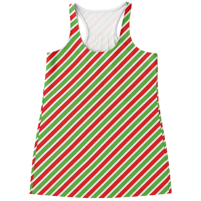 Red Green And White Candy Cane Print Women's Racerback Tank Top cotton tank top