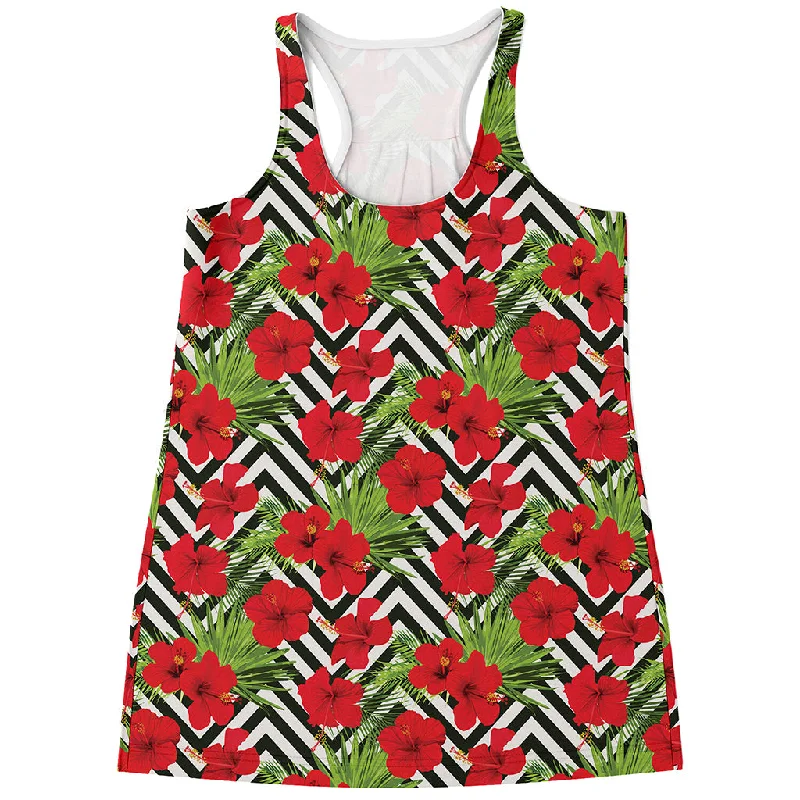 Red Hibiscus Chevron Pattern Print Women's Racerback Tank Top glitter tank top