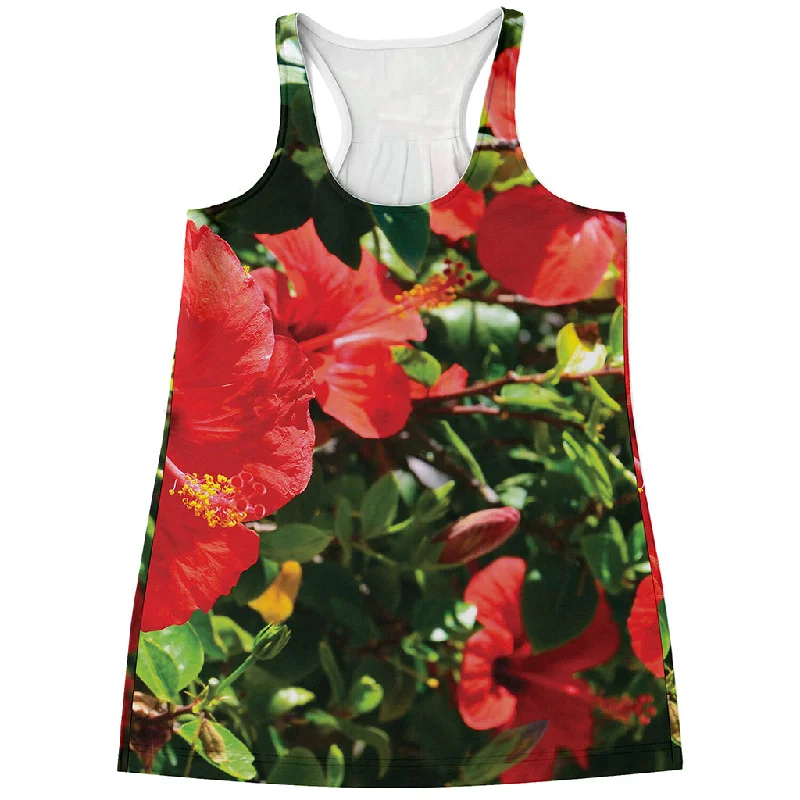 Red Hibiscus Flowers Print Women's Racerback Tank Top bronze tank top