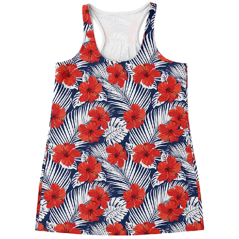 Red Hibiscus Tropical Pattern Print Women's Racerback Tank Top silver tank top