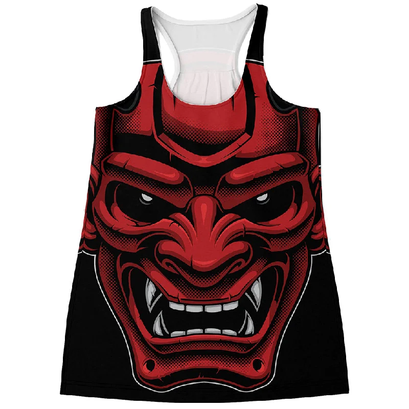 Red Japanese Demon Mask Print Women's Racerback Tank Top coral tank top