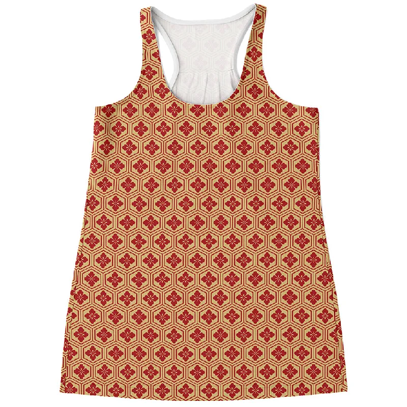 Red Japanese Flower Pattern Print Women's Racerback Tank Top grey tank top